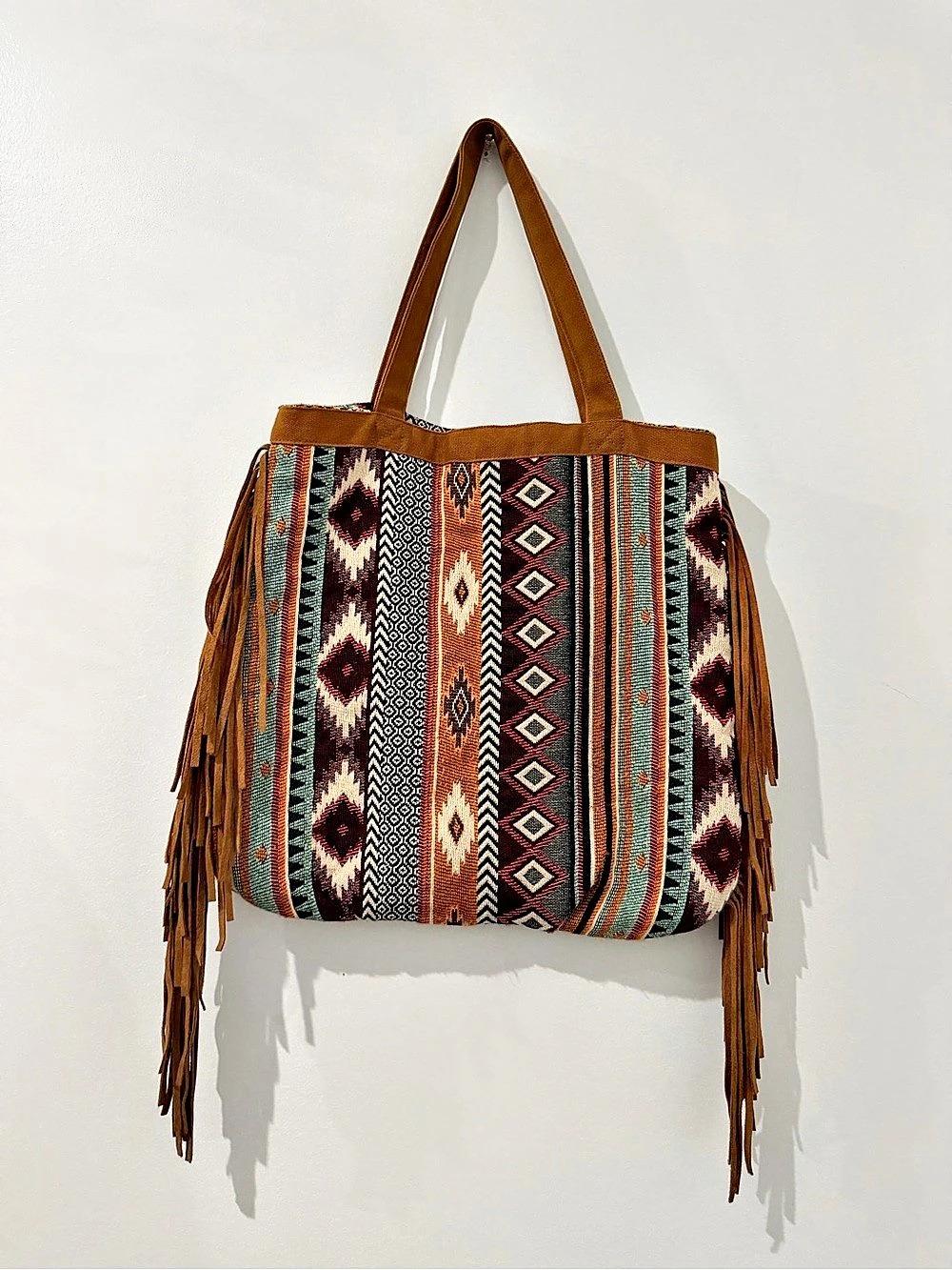 World Market Geometric Woven Fringe Tote in Brown & Multicolor